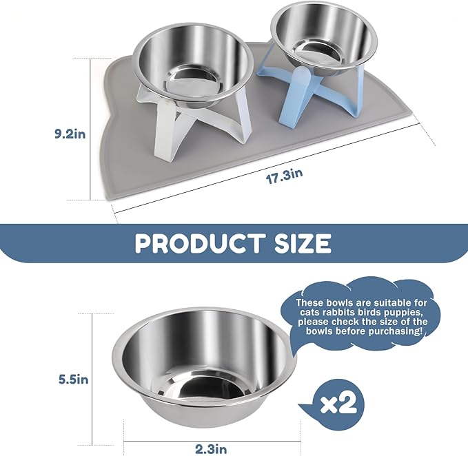 2 Pack Raised Cat Bowls Holder with Non-Slip Mat Stainless Steel Cat Feeder Elevated Pet Water Food Bowls for Cats Puppies Rabbits (White & Blue)