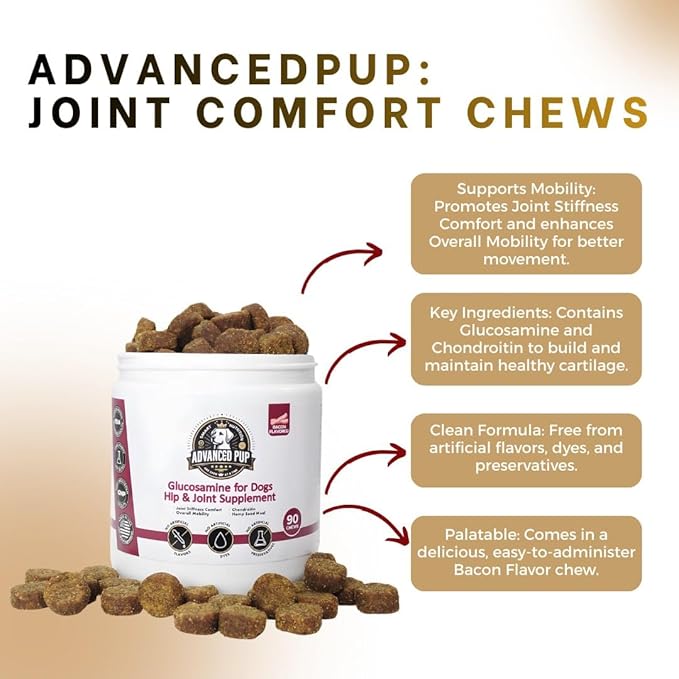 AdvancedPUP Dog Hip and Joint Supplement Chews – Glucosamine, Chondroitin, MSM & Turmeric – Mobility & Joint Support for Dogs – Bacon Flavor Soft Chews – 90 Count – Made in USA