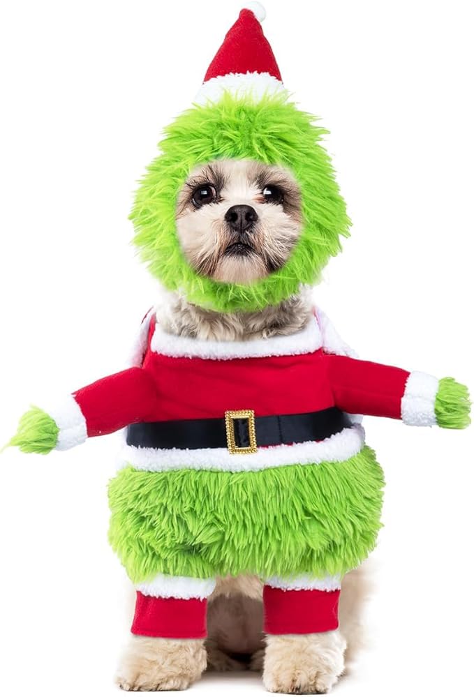 NACOCO Dog Christmas Furry Costume - Xmas Halloween Dog Cosplay Clothes with Cape Hat Green Monster Funny Uniform Santa Outfits Party Favors Apparel Warm Winter (Green, XS