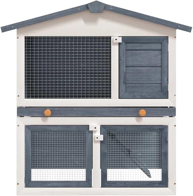 Rabbit Hutch for Outdoor and Indoor Use Solid Pine Wood Powder-Coated Iron Mesh Grey Rectangular 37x37x39in Small Animal Cage House with Double-Door Access for Rabbits Bunnies