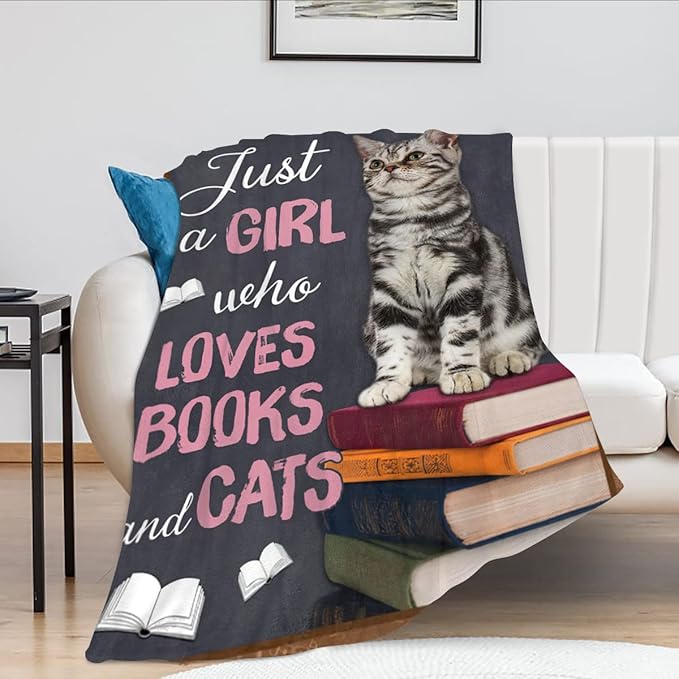 Just A Girl Who Loves Books and Cats Blanket Cute Cats Decor Throw Blanket Gifts for Girls Super Warm Soft Plush Lightweight Fleece Flannel Blanket Winter Bedding Blanket for Kids Adults Women 50"x60"