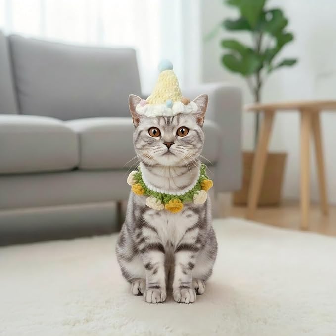 Handmade Knit Cat Outfit – Adjustable Birthday Hat & Floral Wreath Dog Costume for Dogs and Cats, Cute Photo Cat Costume for Party, Holiday, Daily Wear