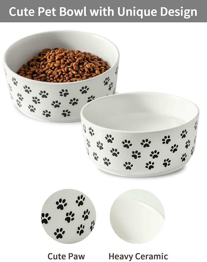 UBEE 6.5 inch Dog Bowls Set of 2, Ceramic Dog Food Water Bowl Dish with Paw Pattern, Pet Food Water Dishes Feeding for Small and Meidum Dogs and Large Cat, White