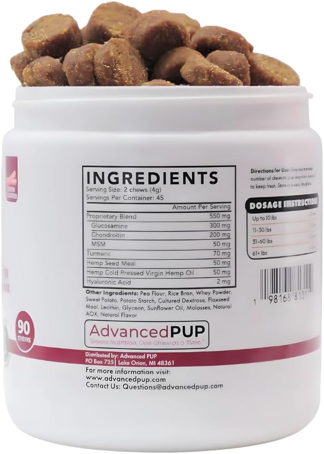 AdvancedPUP Dog Hip and Joint Supplement Chews – Glucosamine, Chondroitin, MSM & Turmeric – Mobility & Joint Support for Dogs – Bacon Flavor Soft Chews – 90 Count – Made in USA