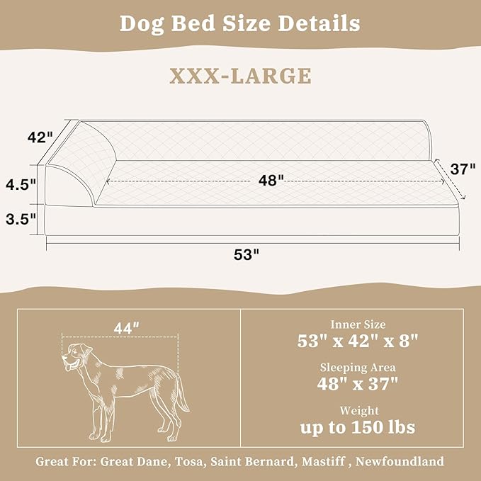 Comfort Expression XXL Dog Bed with Bolsters, Extra Large Dog Beds Orthopedic, Waterproof Dogs Beds for Giant Dogs, Pet Couch Bed with Removable Washable Cover and Nonskid Bottom(XX-Large,Grey)