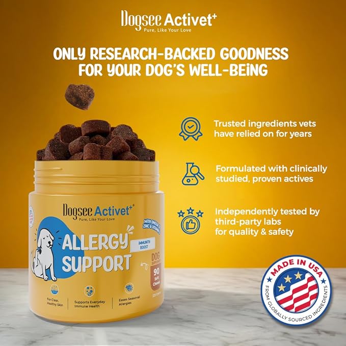 Dogsee Activet+ Dog Allergy Support Supplement Chews, with Omega 3, Quercetin, Probiotics & Botanicals, Immune Response & Itchy Skin Support, Chicken Flavor – 90 Chews