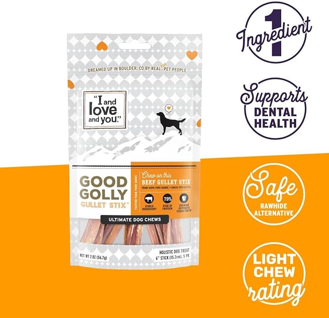 "I and love and you" Good Golly Beef Gullet Sticks - Grain Free Dog Chews, 100% Beef Treats for Dental Health, Free Range & Grass Fed Beef, 5 Pack of 6-Inch Sticks