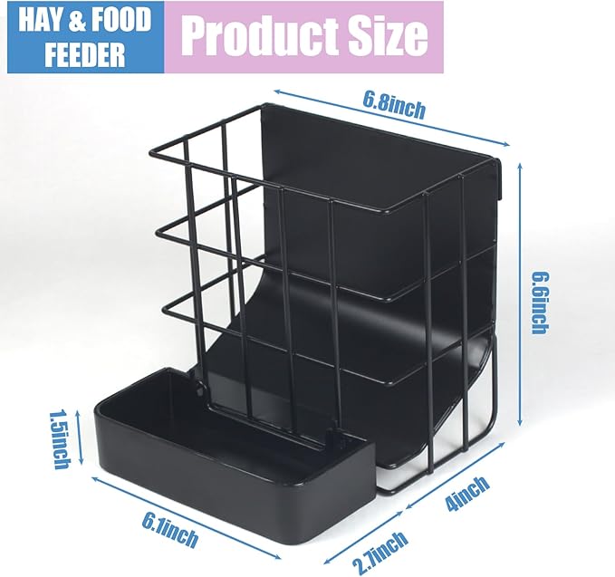 Rabbit Hay Feeder Guinea Pig Hay Feeder with Hook Heavy-Duty Metal Frame Upgrades Hay Rack，Reduce Waste Hay Holder,for Bunny,Rabbit,Chinchilla,Guinea Pig Cage Accessories-6.8x6.7x6.6inch（Black）