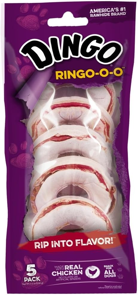 Dingo Ringo-o-o, Premium Rawhide Treats with Real Meat for Small, Medium, and Large Dogs 5-Count