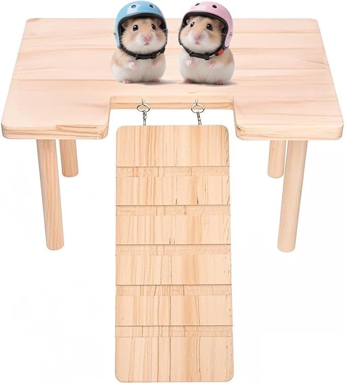 2-in-1 Wooden Hamster PlatformClimbing Stairs for Food Bowl Water Bottle Hamster Cage Accessories Dwarf Syrian Hamsters Gerbils Mice or Other Small Pets（Ladder - Middle）