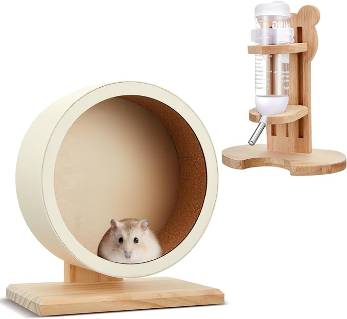2 Pcs S, 7.9 Inch Wooden Hamster Wheel Silent Exercise Wheel with Water Bottle Stand Stable Running for Dwarf Hamster Gerbil Mouse Small Animal Cage Accessories