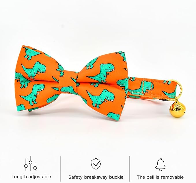 Breakaway Cat Collar Bowtie Bell, Orange Dinosaur T-rax, Wedding/Birthday Gift for Kitten
