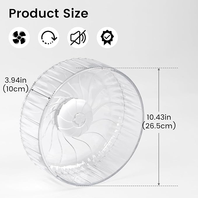 Silent Hamster Wheel, 10in Hamster Wheel No Stand, Double-Bearing Quiet Spinner for Syrian Hamsters, Hedgehogs, Mice & Small Pets, Clear