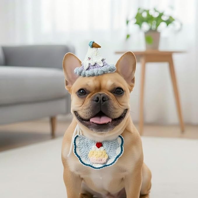Knit Pet Costume – Ice Cream Dog Hat & Birthday Cake Cat Collar for Rabbits, Cats and Small Medium Dogs, Adjustable Cute Dog Outfit for Birthday Party, Holiday, Daily Wear & Photo Shoot
