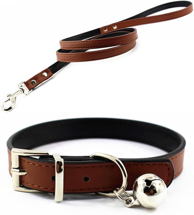 Metal Buckle Pet Collar and Leash Set with Bell Suit for Cats or Puppy Dogs White/Black/Red/Pink/Blue/Brown (S (Collar + Leash), Brown)
