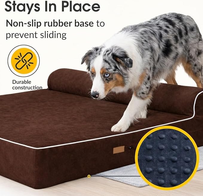 5.5 Inch Thick High Grade Orthopedic Memory Foam Dog Bed With Pillow and Easy to Wash Removable Cover with Anti-Slip Bottom. Free Waterproof Liner Included - for Large Breed Dogs