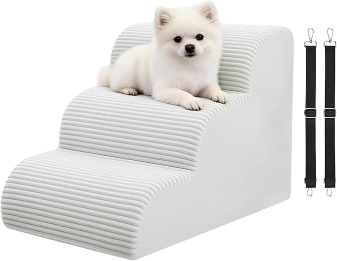 Dog Stairs for Couch and Chair,15.7" H 3-Step Pet Steps for Small Dogs and Cats, Non-Slip Sturdy Dog Ramp with Anti-Tip Safety Strap and Washable Cover,Balanced Ramp Indoor Pet Stairs