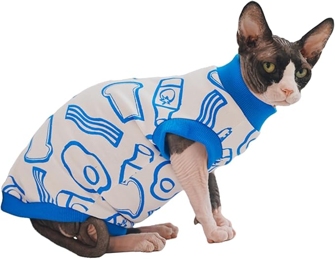 Sphynx Hairless Cat Summer Cotton T-Shirts Cat Vest Pet Clothes, Round Collar Vest Kitten Shirts Sleeveless, Cats & Small Dogs Apparel (Breakfast, S (3.3-5 lbs))