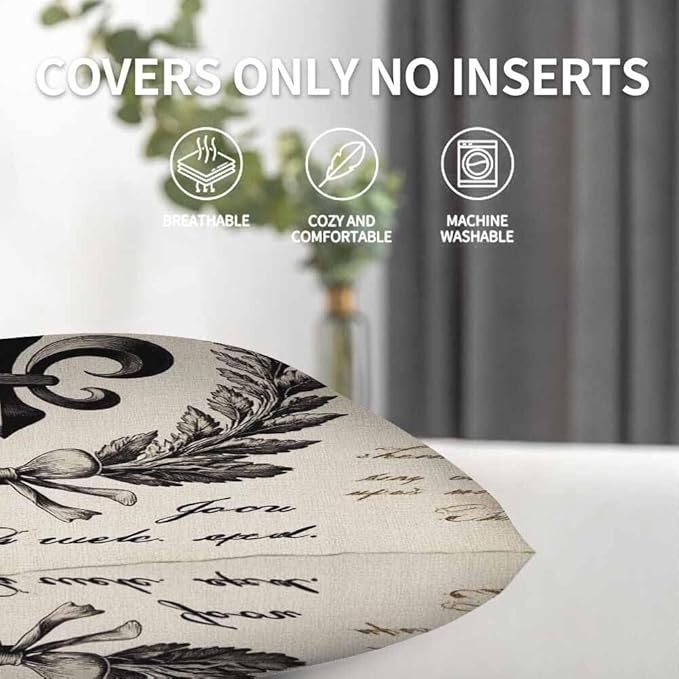 Cushion Covers Retro Letter Paper Fleur De Lis Vintage Style Square Soft,Pillow Cases Decor for Couch Bedroom Sofa Living Pack of 2 Size 18X18 Inch