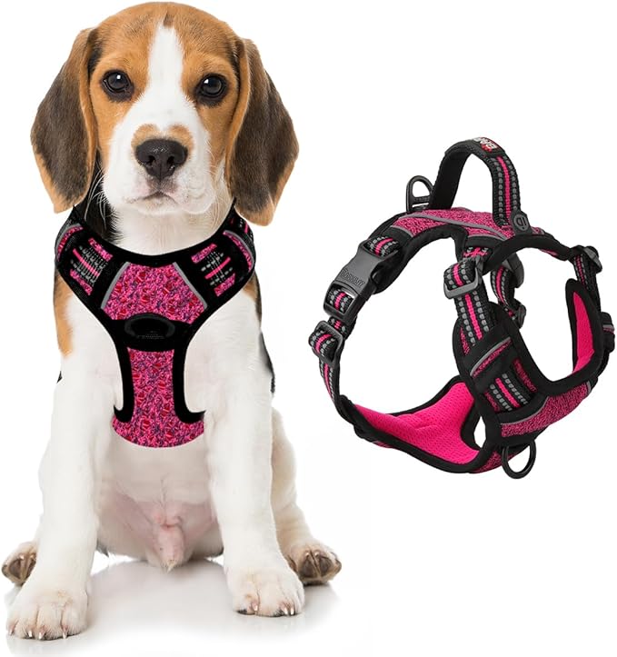 BARKBAY Dog Harness No Pull with ID Tag Pocket - Heavy Duty, Reflective, Easy Control for Large Dogs(Pink/Black,M)