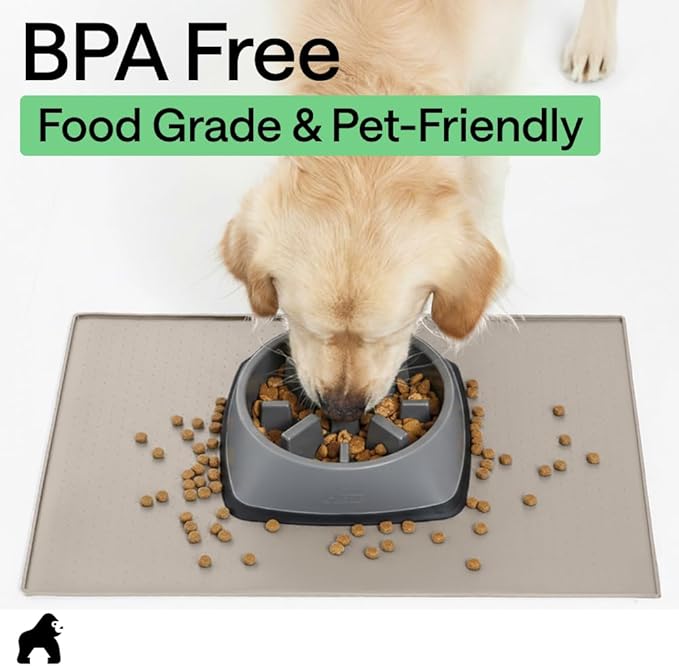 GORILLA GRIP 100% Waterproof Raised Edge BPA Free Silicone Pet Feeding Mat, Dog Cat Food Mats Contain Spills Protects Floors, Placemats for Cats and Dogs Water Bowl, Pets Accessories 16x10, Beige