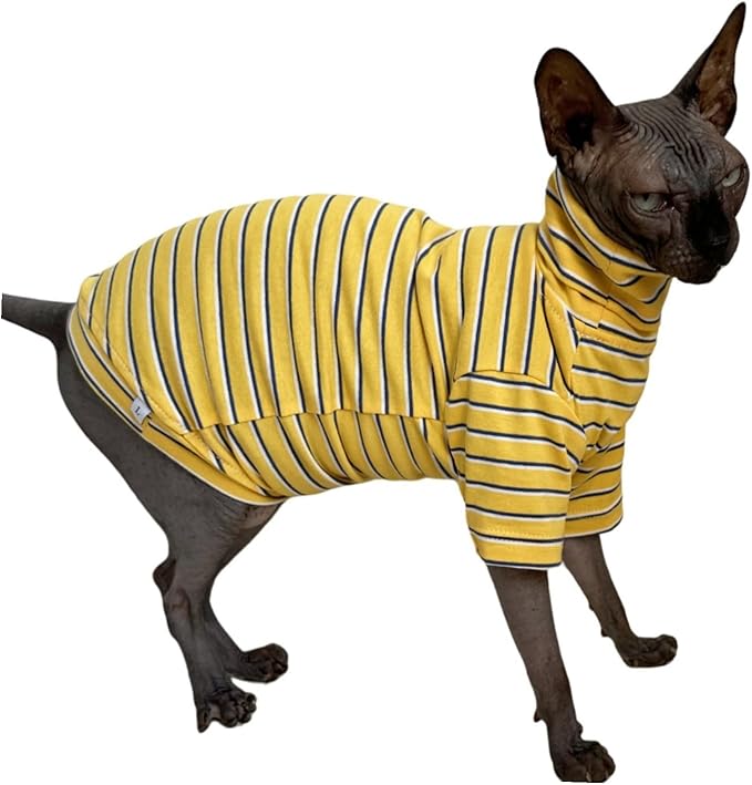 Vintage Stripes Sphynx Hairless Cats Shirt Cotton Cat Turtleneck Pet Clothes Kitten T-Shirts with Sleeves for Sphynx Cornish Rex, Devon Rex, Peterbald (Yellow Stripe, Small (Pack of 1))