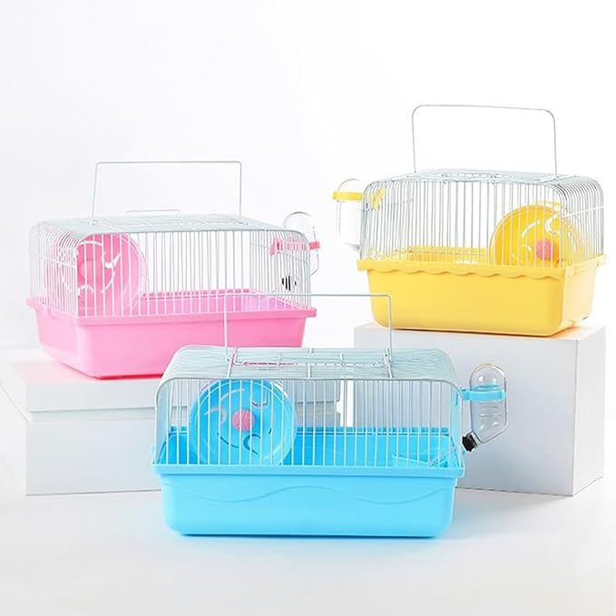 Small Pet Hamster Cage with Running Wheel Water Bottle Food Basin Portable Carrier House Mice Home Habitat for Going Out, Traveling (Orange)