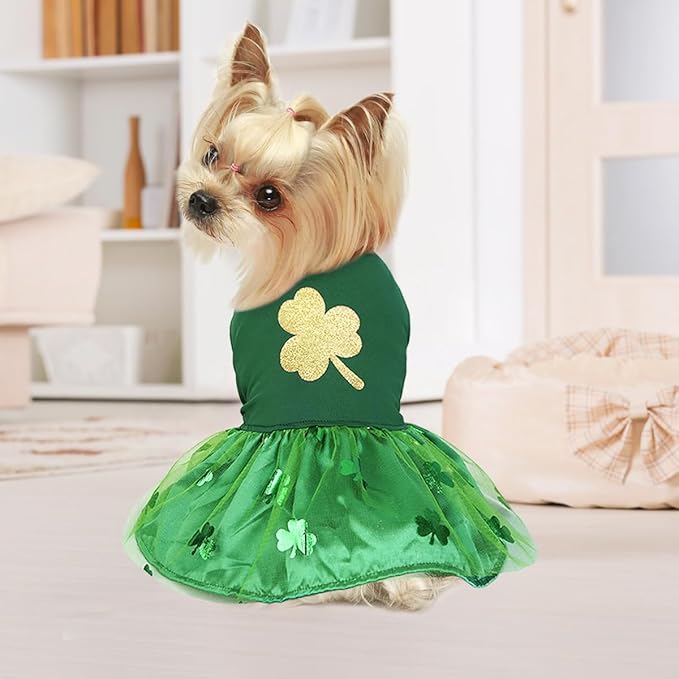 Idepet St. Patrick's Day Dog Dress with Bow Dog Tulle Skirt for Small Dog Girls Green Puppy Dress Cat Apparel Pet Holiday Outfits (Green 2, Small)