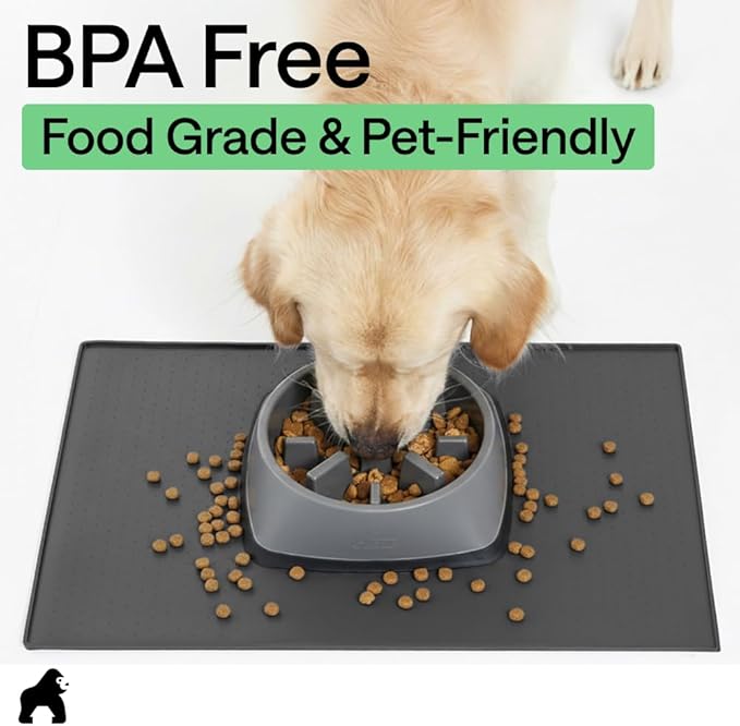 GORILLA GRIP 100% Waterproof Raised Edge BPA Free Silicone Pet Feeding Mat, Dog Cat Food Mats Contain Spills Protects Floors, Placemats for Cats and Dogs Water Bowl, Pets Accessories 16x10, Charcoal