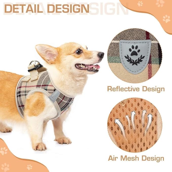 KOOLTAIL Dog Harness for Small Medium Dogs,Dog Harness and Leash Set, Step in No Pull Soft Mesh Padded Adjustable and Reflective Pet Vest Harness Puppy, Plaid Extra Harness for XS S Dogs, Beige XS