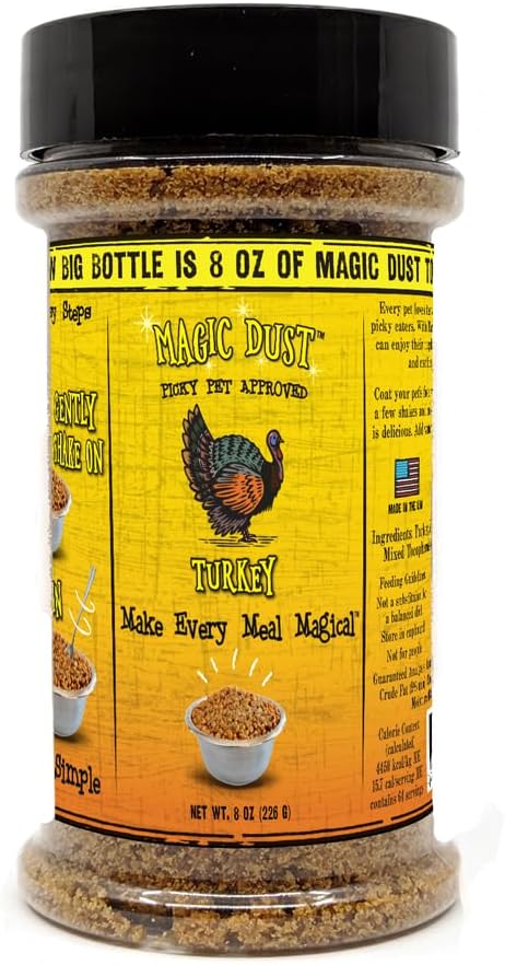 Wild Meadow Farms - Magic Dust Turkey Jerky Topper, Single Protein Pet Food Topper for Dogs & Cats, Enhance Flavor & Elevate Mealtime Excitement for Picky Eaters - 8 Ounce Bottle in Turkey Flavor