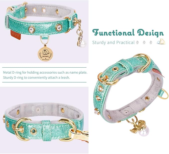 PetsHome Cat Collar, Dog Collar, [Bling Rhinestones] PU Leather Adjustable Pet Collar with Luxury Pendant for Big Cat and Small to Medium Dog Small Mint Green