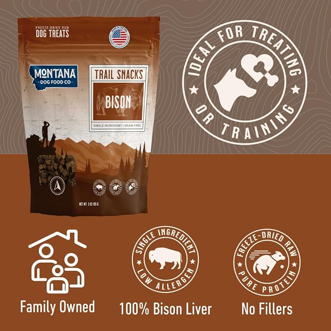 MONTANA DOG FOOD CO. Freeze-Dried Bison Liver Dog Treats (Trail Snacks) – 100% Natural, Single Ingredient, High Protein, Grain-Free, Made in USA – 3 oz Bag