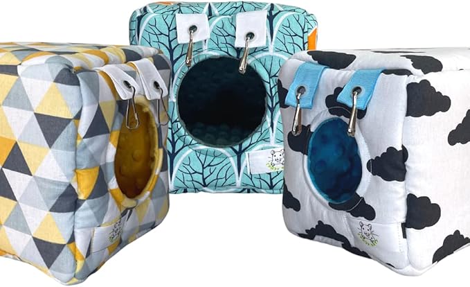 Small Animals Warm Hanging Cage Accessories House Cave for Hamster, Guinea Pig, Rat, Chinchilla, Hedgehog, Degu and Rabbit (Large, Yellow Geometry)