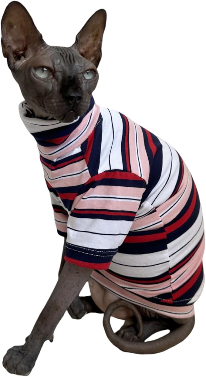 Vintage Stripes Sphynx Hairless Cats Shirt Cotton Cat Turtleneck Pet Clothes Kitten T-Shirts with Sleeves for Sphynx Cornish Rex, Devon Rex, Peterbald (Gentlemen, Large (Pack of 1))