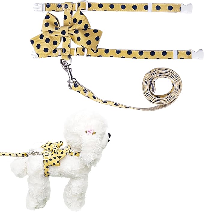 Cat Harness and Leash Set, Sweet Bow Kitten Collar, Escape Proof Extra Small Dog Harness, Cute Polka Dot Print Puppy Collar, Dog Leash for Boy Girl Small Dogs Kittens Outdoor Walking (Yellow, S)
