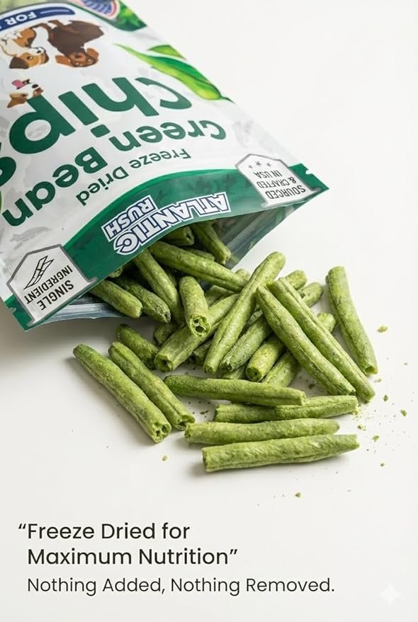 Atlantic Rush Freeze Dried Green Bean Chips for Dogs- 1oz Resealable Bag of Dried, Green Crispy Beans- Single Ingredient, No Salt or Canola Oil- Crispy, Shelf Stable - Made in USA (1 oz Bag)
