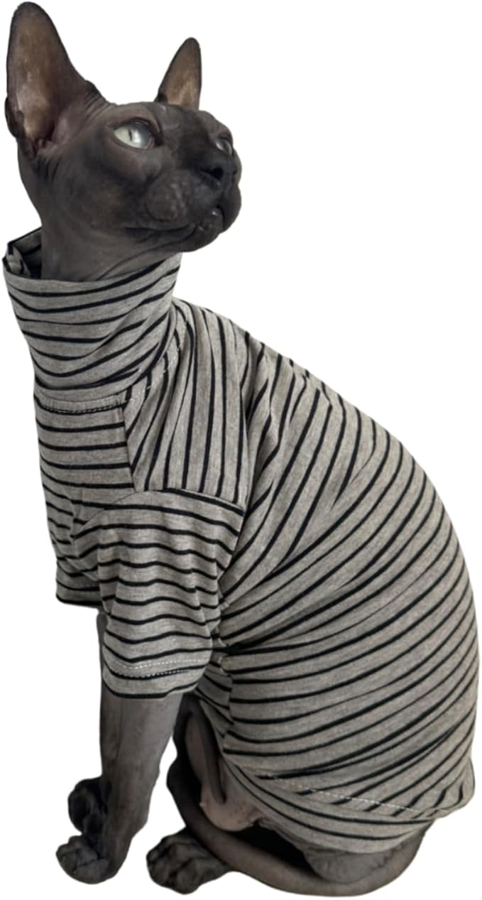 Vintage Stripes Sphynx Hairless Cats Shirt Cotton Cat Turtleneck Pet Clothes Kitten T-Shirts with Sleeves for Sphynx Cornish Rex, Devon Rex, Peterbald (Grey Stripe, Small (Pack of 1))