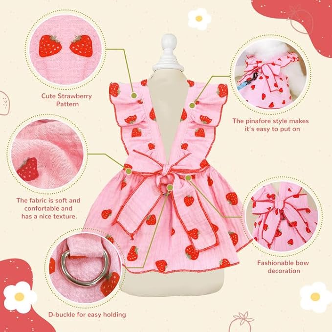 Dog Dresses for Small Dogs Girl Female Clothes Cat Clothes Cat Dress Cute Cotton Extra Summer Bow Decor Printed Strawberry Dog Birthday Outfit Small Puppy Clothes Pink L