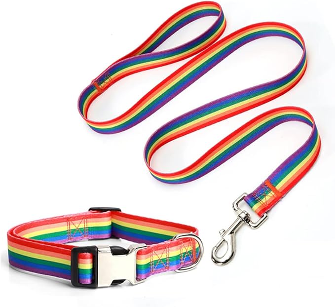Dog Collar and Leash Set, Quick Release Buckle Soft Durable Print Puppy Collars Adjustable for Small Medium Large Pet Male Dogs Boy Cat Rainbow S