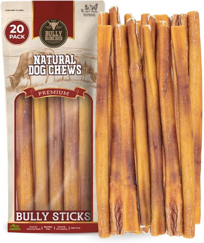 Bully Bunches Premium 12 Inch Standard Odor-Free Bully Sticks for Small & Medium Dogs - Consistently Sized, Long Lasting Chew Bones - All Natural & Single Ingredient, 100% Beef Dog Treat (20 Pk)
