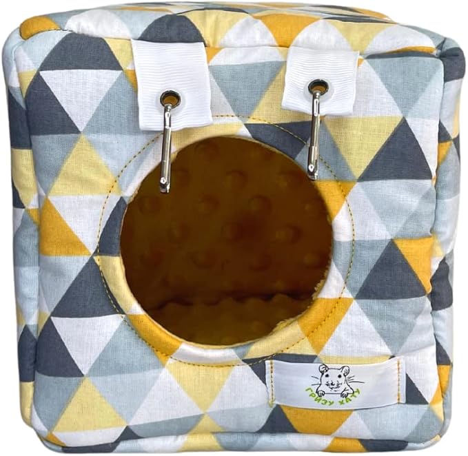 Small Animals Warm Hanging Cage Accessories House Cave for Hamster, Guinea Pig, Rat, Chinchilla, Hedgehog, Degu and Rabbit (Large, Yellow Geometry)