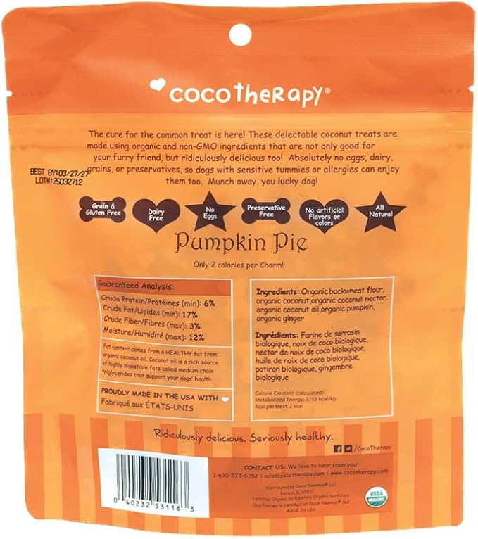 CocoTherapy Pumpkin Pie Coco-Charms Dog Training Treats, 5 Ounces Each, Supports Digestive Health, Made in The USA