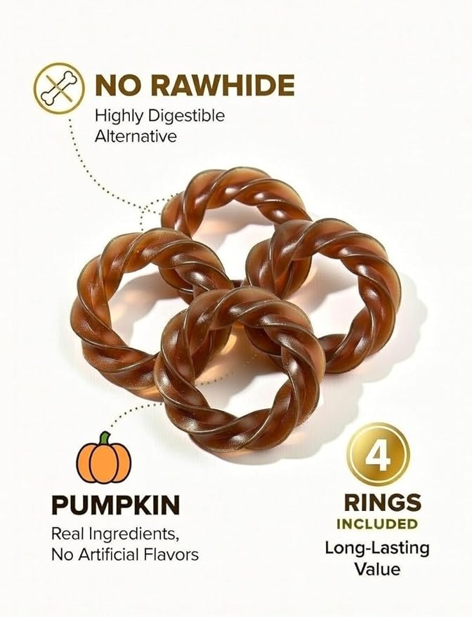 No Rawhide Puppy Teething Rings – Pumpkin (4 Rings) Grain Free Rawhide Alternative Teething Treats for Puppies