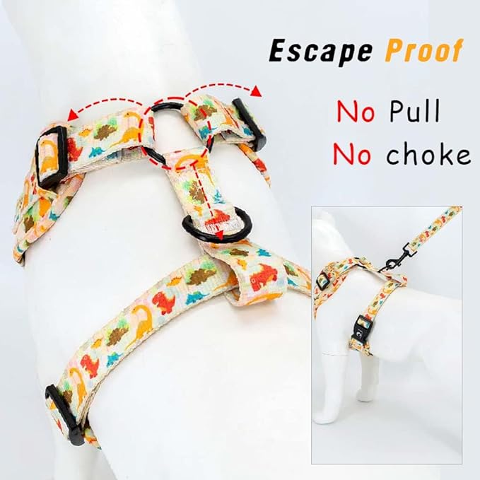 Adjustable Dog Harness and Leash Set for Girl Air Mesh Dog Vest Harness 5Ft Pet Training Leash with Soft Handle Pet Escape Proof for Small Medium Large Dogs (Dinosaur, XS)