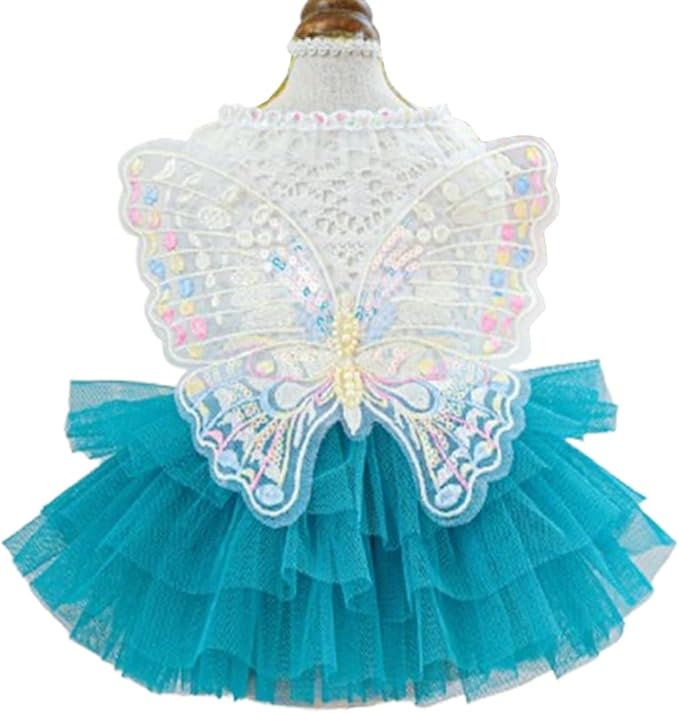 ANIAC Butterfly Dog Dress with Blue Tutu Funny Pet Clothes with Wing Girl Puppy Dress for Small Dog Pet Butterfly Costume Holiday Cat Outfit for Halloween Birthday Wedding (Lake Blue, X-Small)