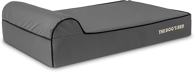 The Dog’s Bed Orthopedic Memory Foam Dog Bed with Headrest, Calming Surface – CertiPUR-Certified Foam, Oxford Fabric, Grey with Black Trim, Large, 6-Inch