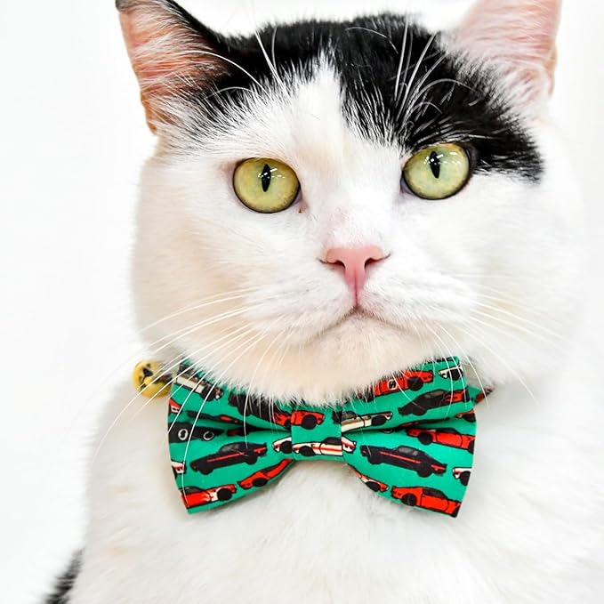 Cat Collar Bow Set, Green Muscle Classic Racing Car, Wedding/Birthday Breakaway Collar Bowtie for Kitten/Cat