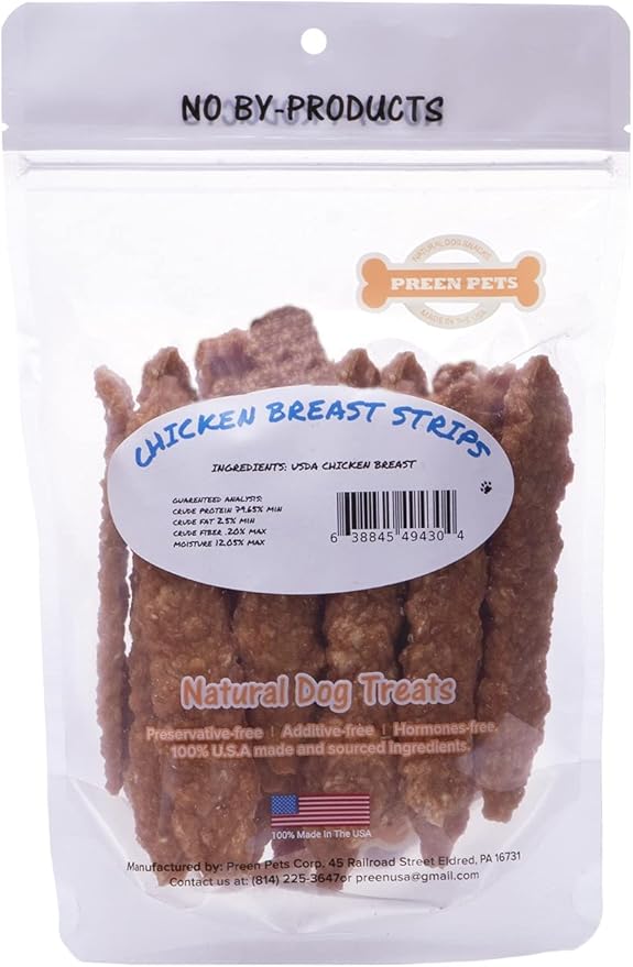 Preen Pets Chicken Breast Strips *Crunchy* Dog Treats – 100% USA Chicken Breast (1 Pound)