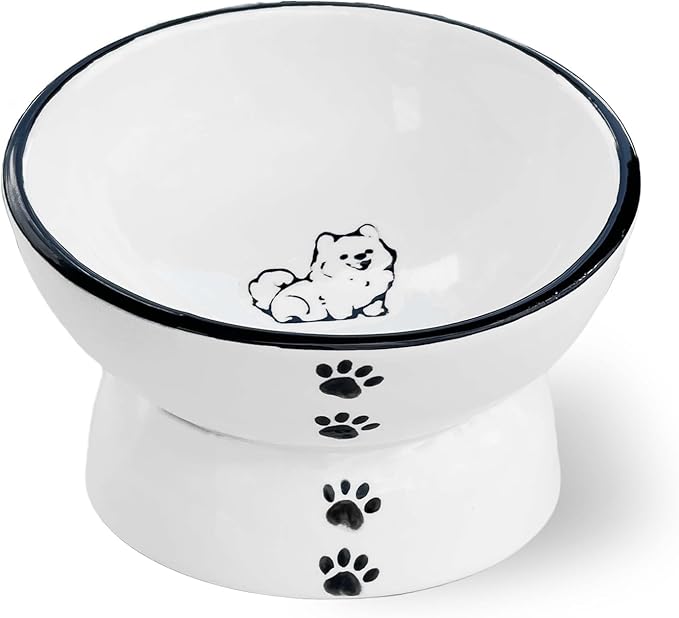 Anti-Rollover Elevated Ceramic Cat Bowls Holding Food and Water with A Cute Puppy Sideways Pattern, Black Border, Suitable for Small Dogs and Pets